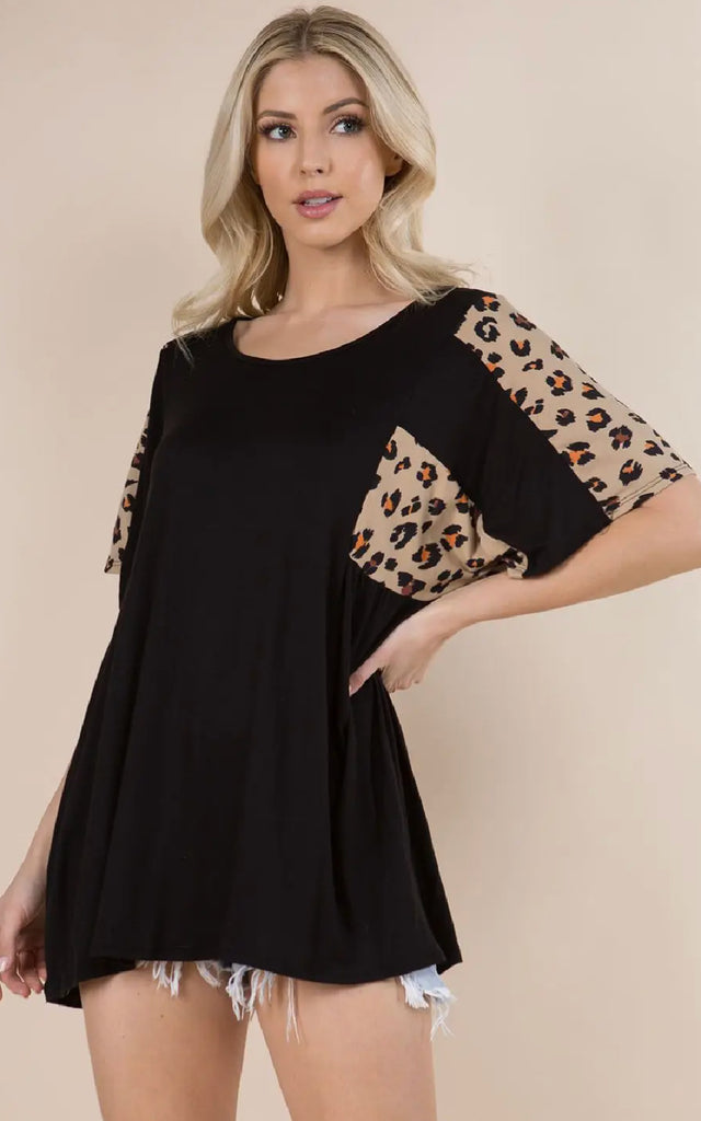 Women's Short Sleeve Black and Leopard Print Shirt