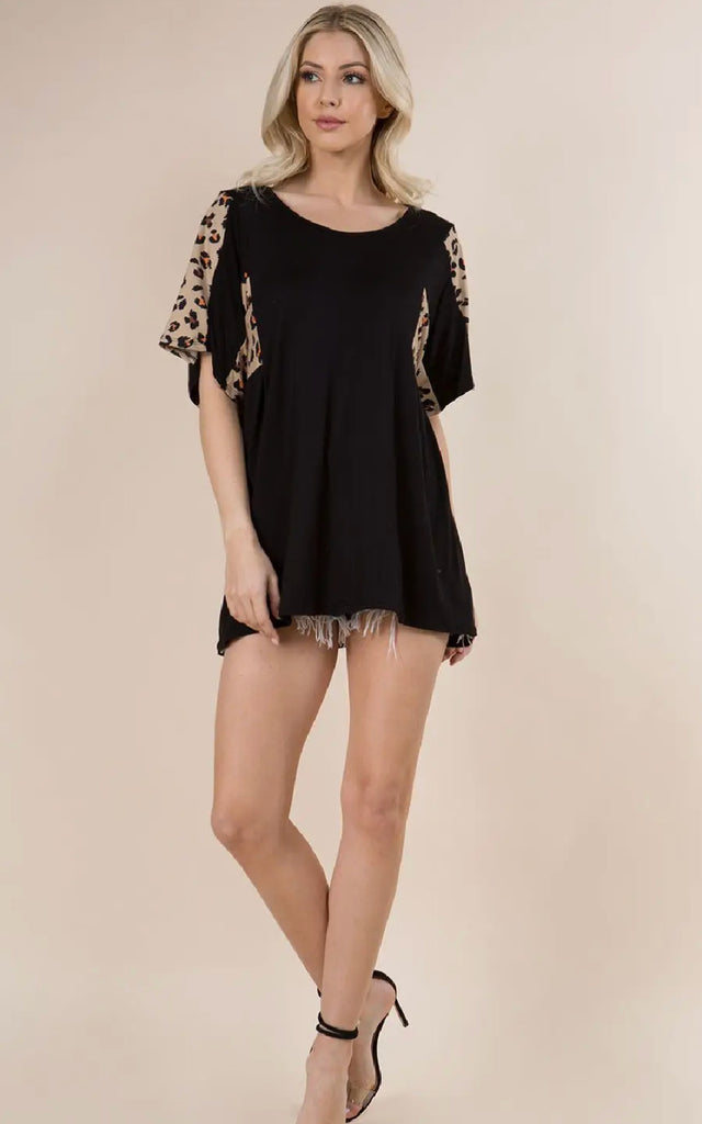 Women's Short Sleeve Black and Leopard Print Shirt