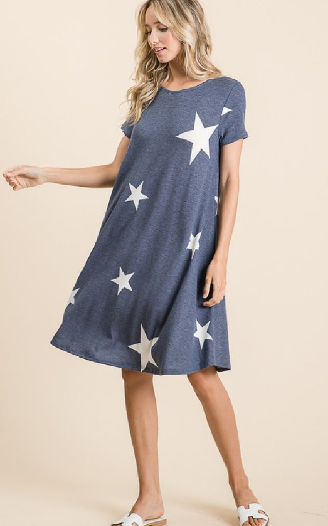 Women's casual dress with a star pattern.
