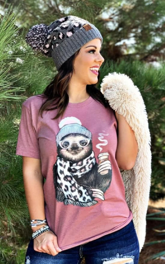 Women's Pink Graphic Tee with Screenprinted Sloth 
