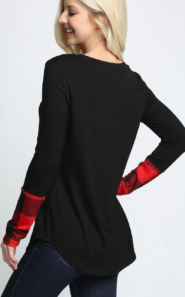 Women's Long Sleeve Top with Buffalo Plaid Sleeves