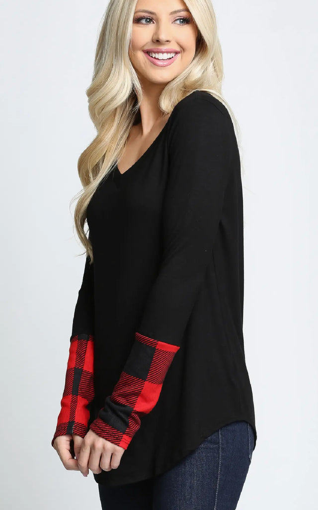 Women's Long Sleeve Top with Buffalo Plaid Sleeves