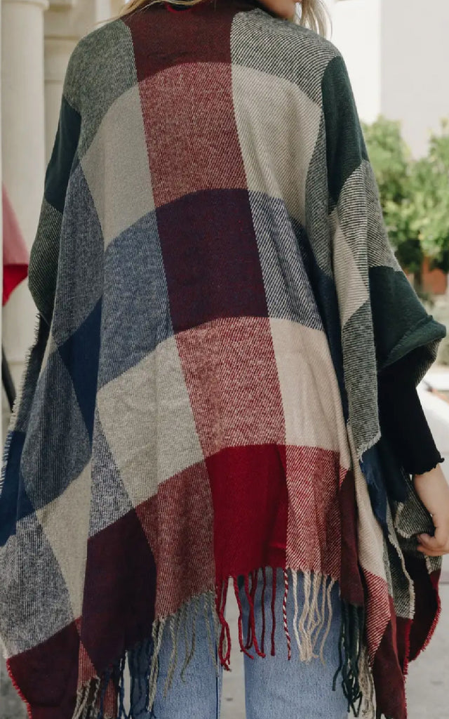 Women's Colorblock Shawl in Red, Green and Navy Blue.